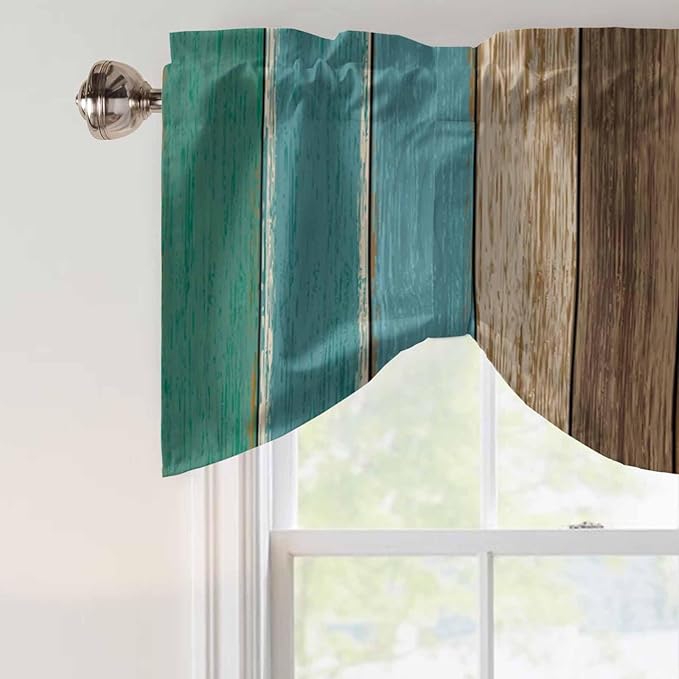 Teal Blue Brown Tie Up Valance Curtains for Windows, Kitchen Curtains Window Shades, Farmhouse Retro Wooden Grain Stripes Light Filtering Roman Curtain Valances for Bedroom/Bathroom/Cafe 54"x18"