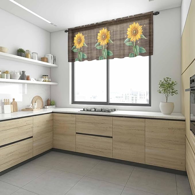 Summer Sunflower Sheer Valance Curtains, Yellow Floral Plants Bees Brown Wood Grain Light Filtering Kitchen Valances Rod Pocket Voile Curtain Window Treatment for Bedroom/Living Room/Basement 42Wx18L