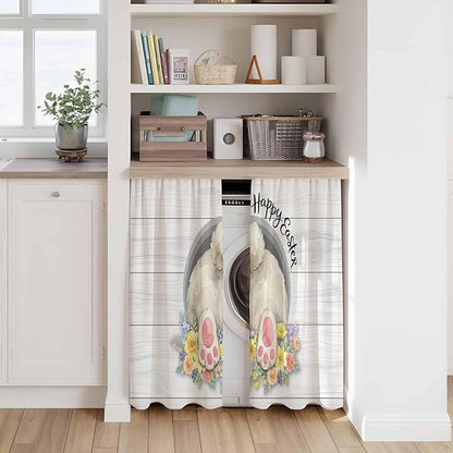 Easter Bunny Kitchen Curtains 45 Inch Long 2 Panel Set,Rod Pocket Window Treatment,3D Optical Illusion Farmhouse Flower Wood Grain Light Filtering Short Curtains & Drapes Laundry 52"W x 45"L