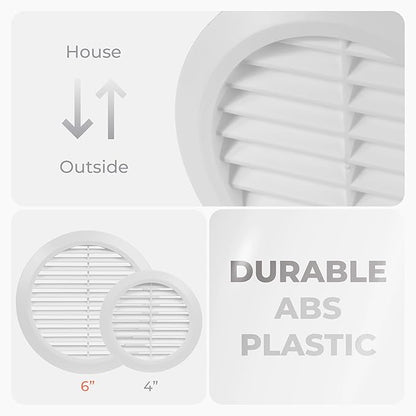 6" Inch (Opening) White Round Air Vent Cover - 5 Pack - Plastic Fresh Air Intake Vent - Modern Soffit Vents - AC Cover with Nylon Mesh Screen - Wall, Ceiling HVAC Return Air Register