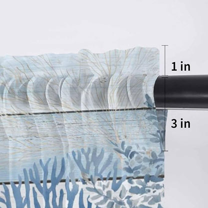 Ocean Corals Sheer Valance Curtains, Summer Beach Coral Sea Stars Blue Wood Grain Light Filtering Kitchen Valances Rod Pocket Voile Curtain Window Treatment for Bedroom/Living Room/Basement 42Wx12L