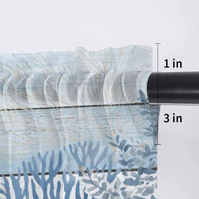 Ocean Corals Sheer Valance Curtains, Summer Beach Coral Sea Stars Blue Wood Grain Light Filtering Kitchen Valances Rod Pocket Voile Curtain Window Treatment for Bedroom/Living Room/Basement 42Wx18L