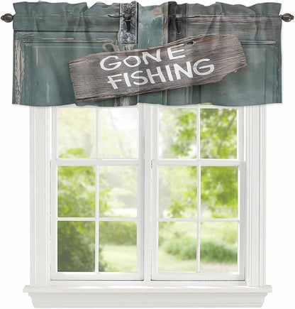 Gone Fishing Valances for Windows, Bronze Wood Grain Kitchen Valance Light Filtering Rod Pocket Short Curtains for Kitchen Bathroom, 1 Panel, 42"x12"