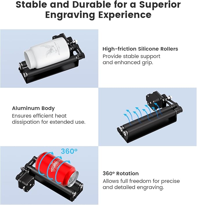 Algolaser Mini Rotary Roller - 360° Adjustable Rotary Roller for Laser Engraver Accessories - Y-axis Rotary Roller Attachment for Cylindrical Objects Tumblers,Bottle – No Laser Function