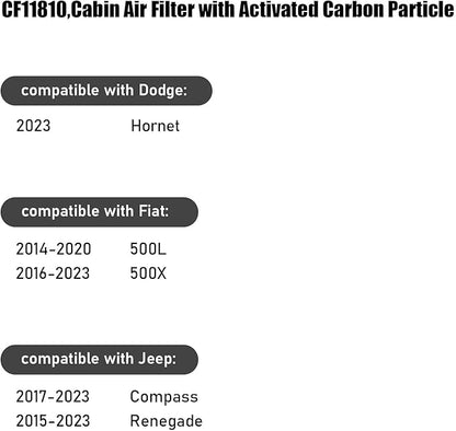 CF11810,Cabin Air Filter with activated carbon particle for Jeep,2017-2023 Compass,2015-2023 Renegade.Dodge,2023 Hornet.Fiat,2014-2020 500L,2016-2023 500X.68212070AA,68267921AA,68338536AA.