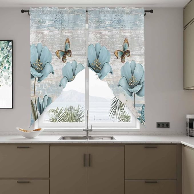Spring Floral Swag Valances for Windows, Vintage Tulips Flower Butterfly Retro Wood Blue Rod Pocket Kitchen Curtains Valance, Kitchen Window Curtains Swag for Cafe Living Room, 2 Panels, 36x45 inch