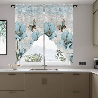 Spring Floral Swag Valances for Windows, Vintage Tulips Flower Butterfly Retro Wood Blue Rod Pocket Kitchen Curtains Valance, Kitchen Window Curtains Swag for Cafe Living Room, 2 Panels, 36x45 inch