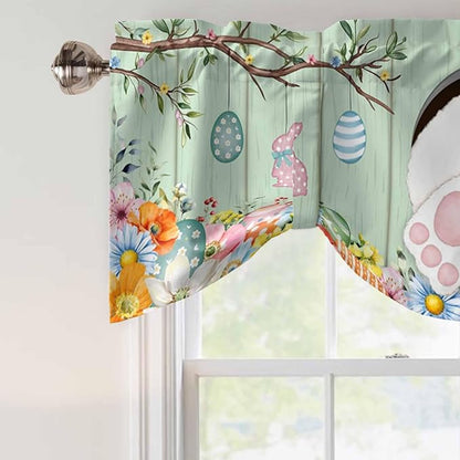 Easter Tie Up Valance Curtains for Windows, Kitchen Curtains Window Shades, Spring Watercolor Bunny Eggs Wooden Grain Green Light Filtering Roman Curtain Valances for Bedroom/Bathroom/Cafe 42"x12"
