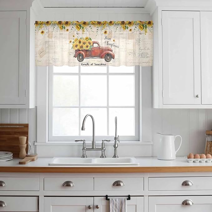 Farmhouses Sunflowers Sheer Valance Curtains, Retro Floral Leaves Red Truck Vintage Light Filtering Kitchen Valances Rod Pocket Voile Curtain Window Treatment for Bedroom/Living Room/Basement 42Wx12L