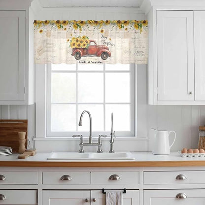 Farmhouses Sunflowers Sheer Valance Curtains, Retro Floral Leaves Red Truck Vintage Light Filtering Kitchen Valances Rod Pocket Voile Curtain Window Treatment for Bedroom/Living Room/Basement 42Wx12L