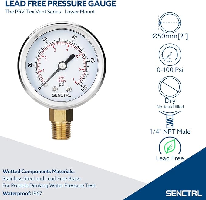 SENCTRL 100 Psi Lead-Free Pressure Gauge, 2" Dial, 1/4 NPT Lower Mount, Waterproof, Stainless Steel Case, for Home Potable Water Tank, Well Pump, RV Regulator, Espresso, Pool Filter Test