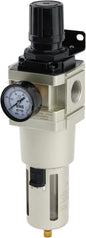 SNS 1”NPT Compressed Air Filter Regulator Piggyback Combo, Semi-auto Drain, 5 Micron Brass Filter, Gauge and Bracket, Poly Bowl with Metal Guard AW5000-N10A