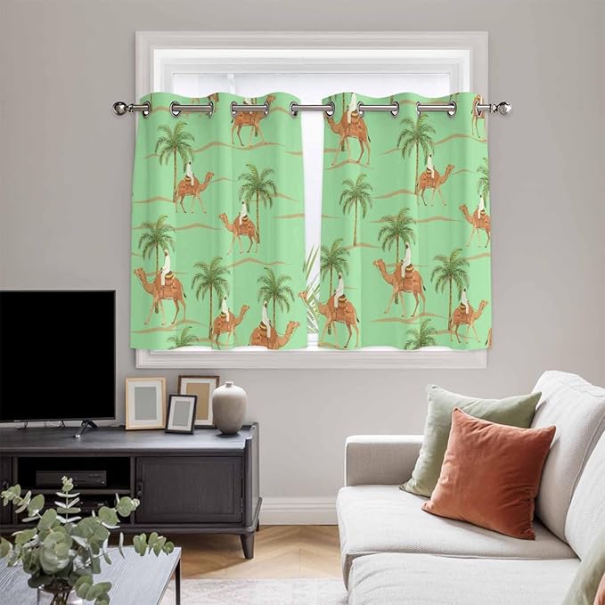 2 Panel Kitchen Cafe Curtains, Desert Camels Sunlight Filtering Nature Air Through, Home Decor Window Covering Tier Curtains for Living Room 104W x 52L inch Tropical Date Palm Trees Animal Green