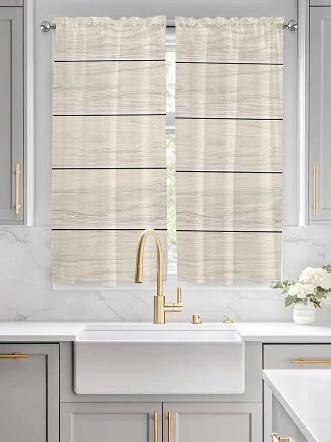 Vintage Country Wooden Board Window Valance Curtains, Gradient Wood Grain Line Light Filtering Kitchen Valance with 3-inch Rod Pocket for Living Room Bathroom Bedroom,2 Panel,42x63In