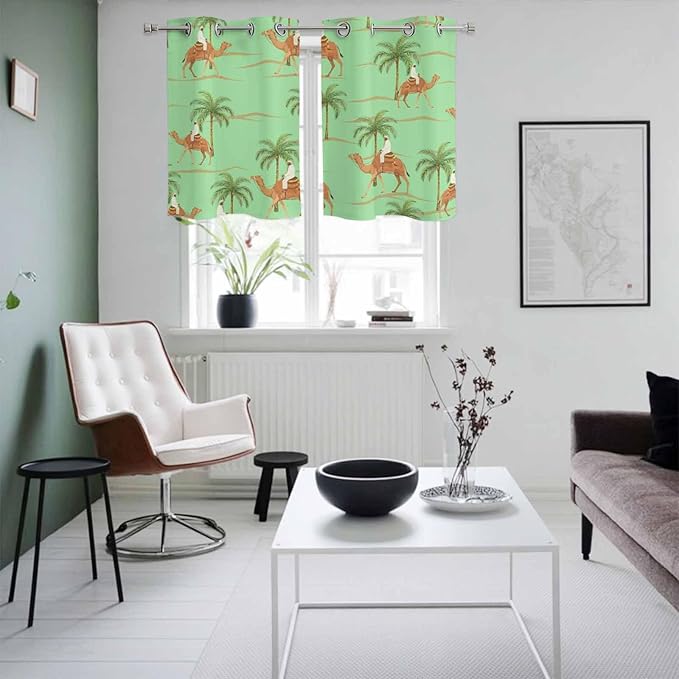 2 Panel Kitchen Cafe Curtains, Desert Camels Sunlight Filtering Nature Air Through, Home Decor Window Covering Tier Curtains for Living Room 55W x 39L inch Tropical Date Palm Trees Animal Green