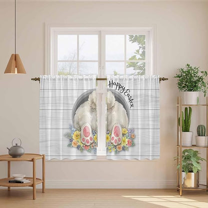 Easter Bunny Kitchen Curtains 45 Inch Long 2 Panel Set,Rod Pocket Window Treatment,3D Optical Illusion Farmhouse Flower Wood Grain Light Filtering Short Curtains & Drapes Laundry 52"W x 45"L