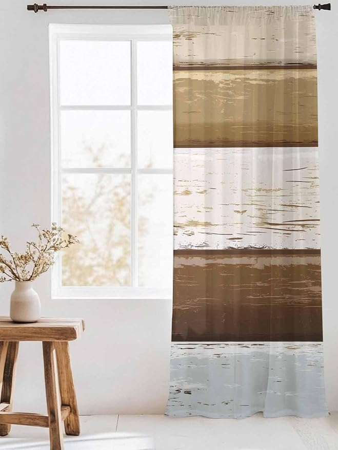 Sheer Curtains 84 Inches Long, Wood Grain Brown Semi Sheer Curtains Light Filtering Window Treatment, Farmhouse Vintage Country Geometric Privacy Voile Drapes for Living Room Bedroom 52x84 Inch
