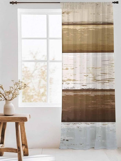 Sheer Curtains 96 Inches Long, Wood Grain Brown Semi Sheer Curtains Light Filtering Window Treatment, Farmhouse Vintage Country Geometric Privacy Voile Drapes for Living Room Bedroom 52x96 Inch
