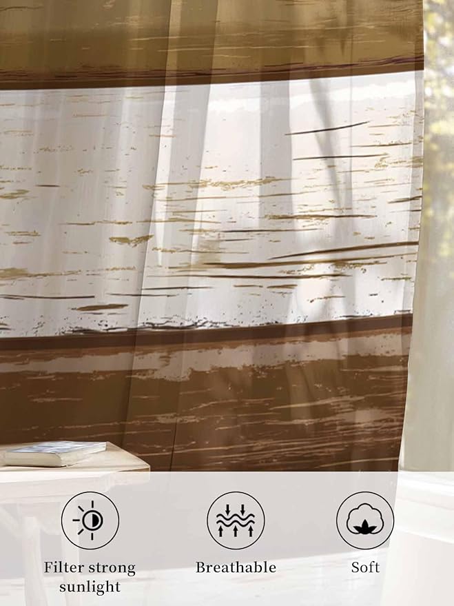 Sheer Curtains 108 Inches Long, Wood Grain Brown Semi Sheer Curtains Light Filtering Window Treatment, Farmhouse Vintage Country Geometric Privacy Voile Drapes for Living Room Bedroom 52x108 Inch
