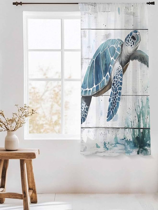 Sheer Curtains 63 Inch Length, Teal Green Sea Turtle Semi Sheer Curtains Light Filtering Window Treatment, Summer Ocean Vintage Wood Grain Privacy Voile Drapes for Living Room Bedroom 52x63 Inch