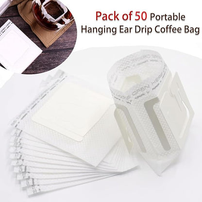 Pack of 50 Portable Hanging Ear Drip Coffee Bag, Single Serve Disposable Coffee Filter Paper Bag for Travel, Compatible with Outside Diameter Less Than 9 cm Various Coffee Cups and Utensils
