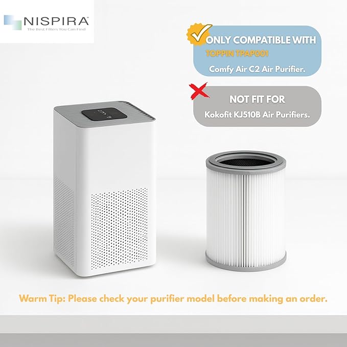 Nispira 3-in-1 True HEPA with Activated Charcoal Replacement Filters, Compatible with TOPPIN TPAP001 Air Purifier Comfy Air C2, 1-Pack