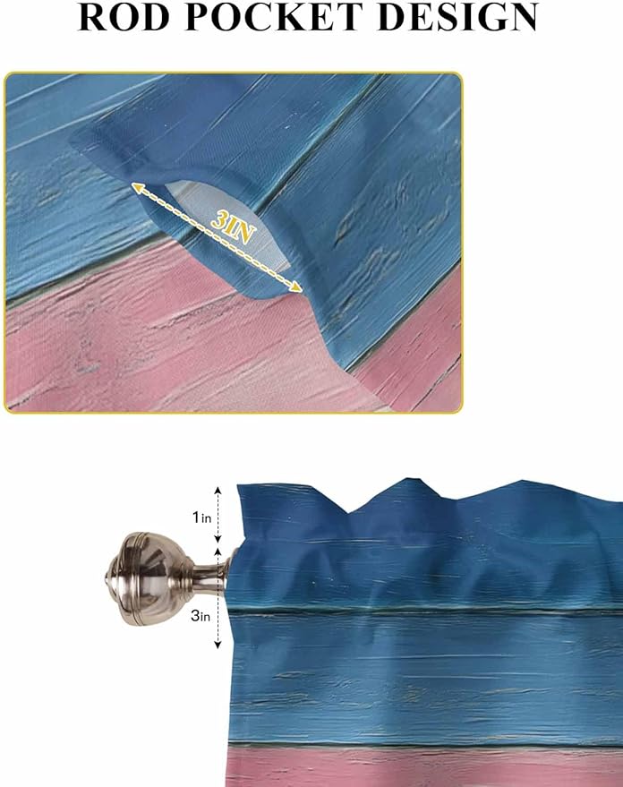 Blue Pink Brown Gradient Wood Grain Window Valance Curtains, Vintage Wood Board Light Filtering Kitchen Valance with 3-inch Rod Pocket for Living Room Bathroom Bedroom,2 Panel,42x45In