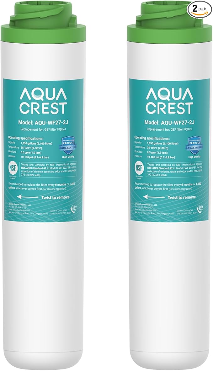AQUA CREST FQK2J Under Sink Water Filter, Replacement for GE FQK2J, FQK1K, NSF/ANSI 42 372 Certified, 1320 Gallons Dual Flow Drinking Water Replacement Filters (2 Count)