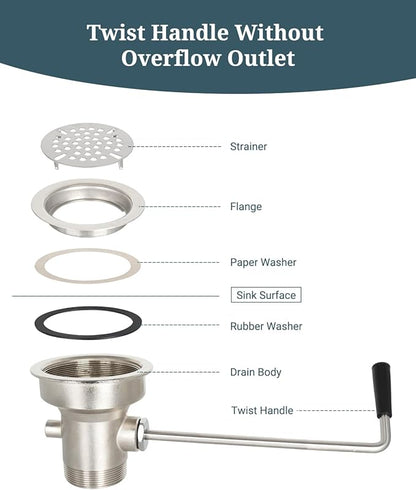 3-1/2 Inch Commercial Sink Drain with Twist Handle Kitchen Sink Opening Waste Drain Valve Stopper Prevents Sink Clogged Overflow for 1/2/3 Compartment Sink Style Drains