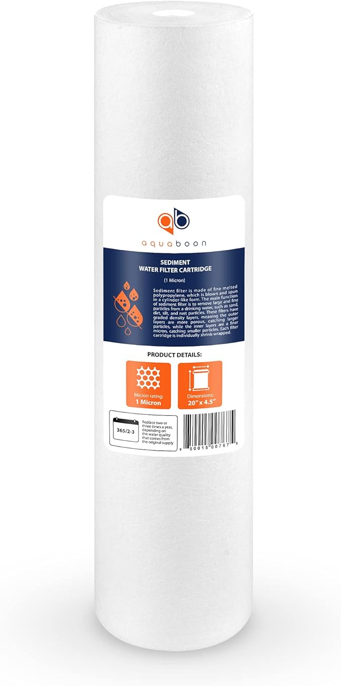 Aquaboon 1 Micron 20 x 4.5 Sediment Water Filter Replacement Cartridge | Whole House Sediment Filtration | Compatible with AP810-2, SDC-45-2005, FPMB5-20, P5-20, FP25B, 155358-43, 6 Pack