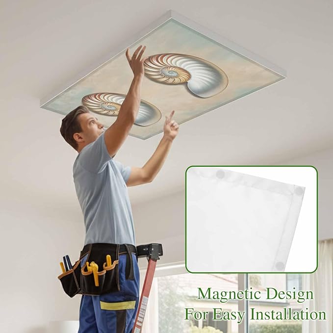 Fluorescent Light Covers for Ceiling Lights Shell Conch Magnetic Light Filters 1 Pack 4x2 ft Vintage Ocean Marine Life Ceiling Lights Cover for Classroom Office School Home Drop Lamp Decor