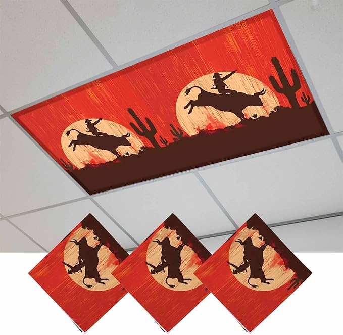 Fluorescent Light Covers for Drop Ceiling Western Cowboys Horse Riding on Red Magnetic Light Filters, Abstract Cactus Desert Ceiling Shade Filters for Home Classroom Office,2x4 ft,3Packs
