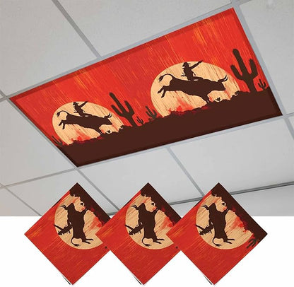 Fluorescent Light Covers for Drop Ceiling Western Cowboys Horse Riding on Red Magnetic Light Filters, Abstract Cactus Desert Ceiling Shade Filters for Home Classroom Office,2x4 ft,3Packs