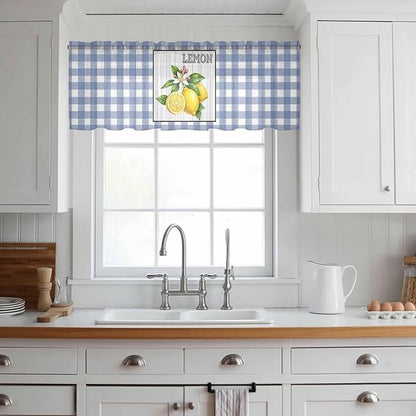 Lemon Sheer Valance Curtains, Summer Fruit Floral Wood Grain Blue Plaid Light Filtering Kitchen Valances Rod Pocket Voile Curtain Window Treatment for Bedroom/Living Room/Basement 42Wx12L