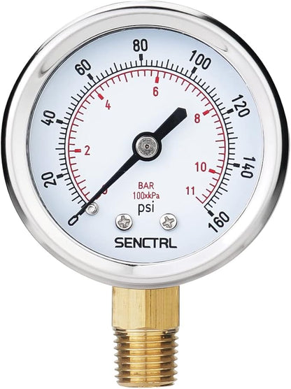 SENCTRL 0-160 Psi Pressure Gauge, 2" Dial, 1/4 NPT Lower Mount, Waterproof, Stainless Steel Case, for Pneumatic Regulator Air Compressor RV Regulator Water Tire Pressure Test