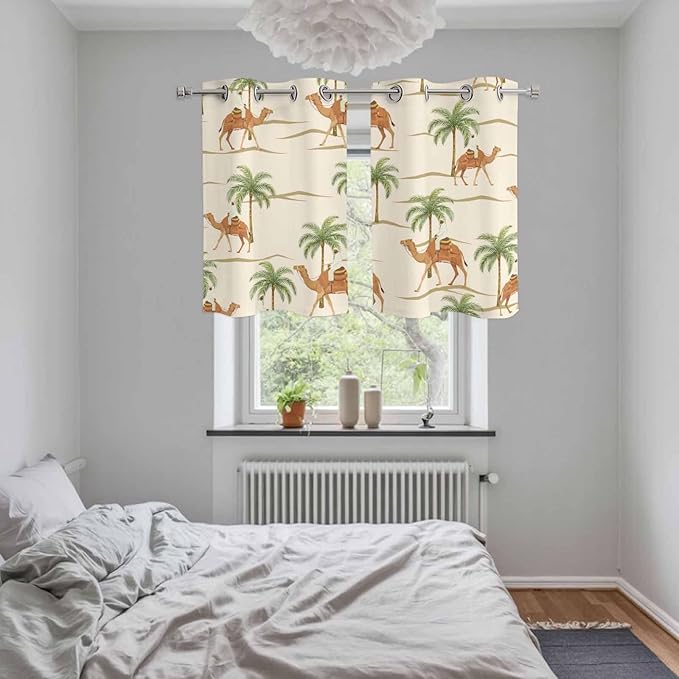 2 Panel Kitchen Cafe Curtains, Date Coconut Tree Sunlight Filtering Nature Air Through, Home Decor Window Covering Tier Curtains for Living Room 55W x 39L inch Desert Camels Botanical Tropical Beige