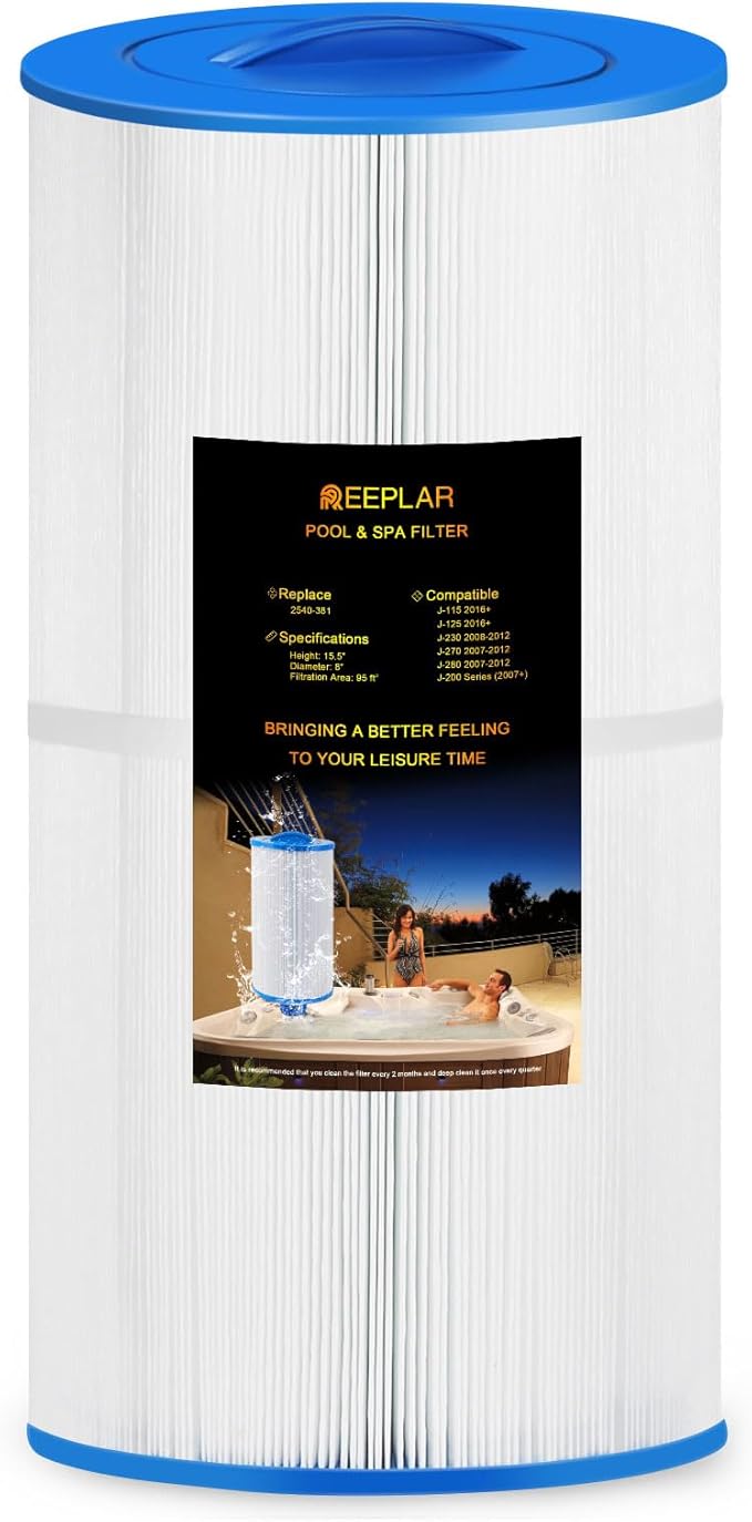 REEPLAR RPF2540 Hot Tub Filter Replace Jacuzzi 2540-381 Compatible with J-200 Series (2007+) J-115 J-125 (2016+), 95 sq ft Pool & Spa Filter Cartridge with Closed Handle
