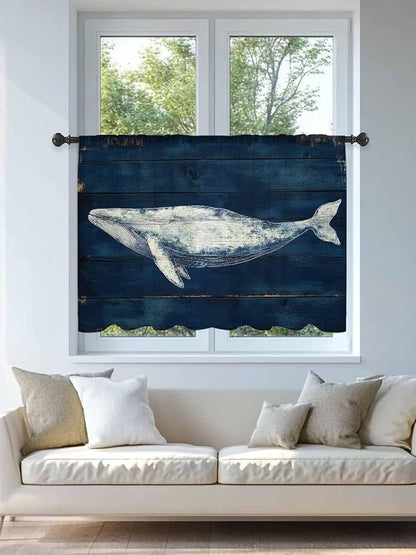 Sheer Curtains 45 Inch Length, Summer Whale Semi Sheer Curtains Light Filtering Window Treatment, Ocean Watercolor Wooden Grain Blue Privacy Voile Drapes for Living Room Bedroom 52x45 Inch