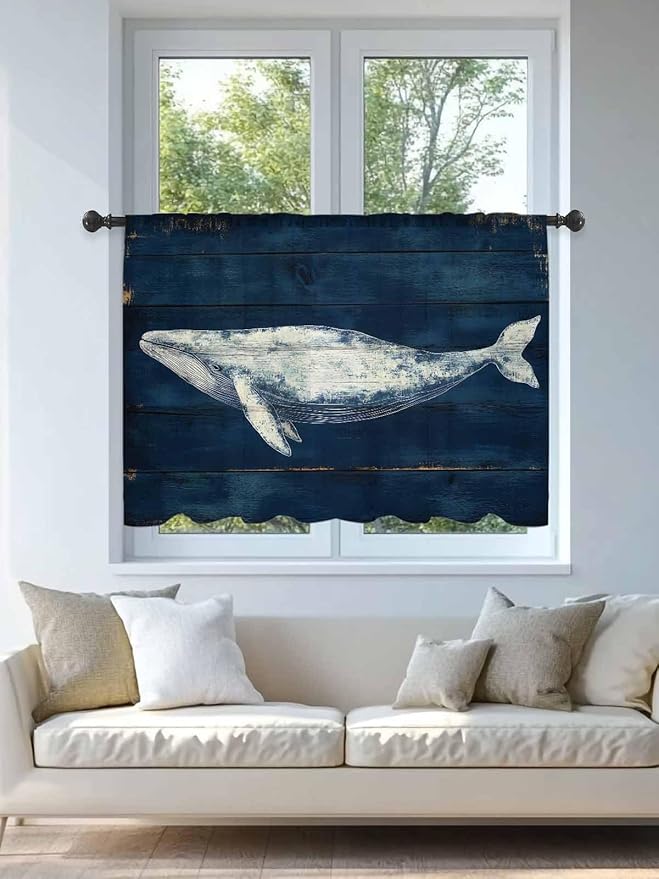 Sheer Curtains 54 Inch Length, Summer Whale Semi Sheer Curtains Light Filtering Window Treatment, Ocean Watercolor Wooden Grain Blue Privacy Voile Drapes for Living Room Bedroom 52x54 Inch