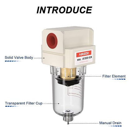 AIRZOE 1/4" NPT Air Dryer for Compressor - Air Compressor Water Separator AF2000-02, Manual Drain,5 Micron Brass Element, Poly Bowl