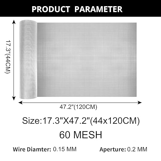 1 roll Stainless Steel Wire mesh 60 mesh,304 Wire mesh, Suitable for Vent, Cage, Garden, Window Screen, Filter Screen, etc (60Mesh 44X120CM)