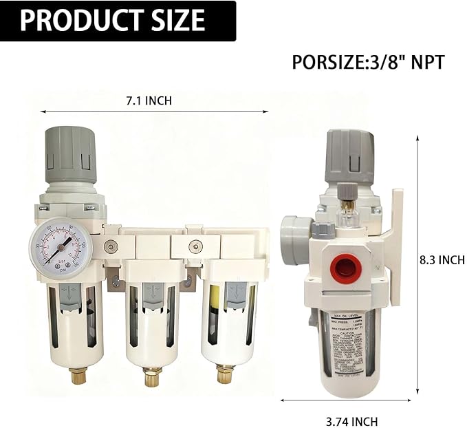 YSIL 3/8''NPT 3 Stage Filter and Regulator with Pressure Gauge Air Drying System with 5 and 0.5 and 0.01 Micron Brass Filter Pressure Regulator Combo Piggyback(Semi-Auto Drain）