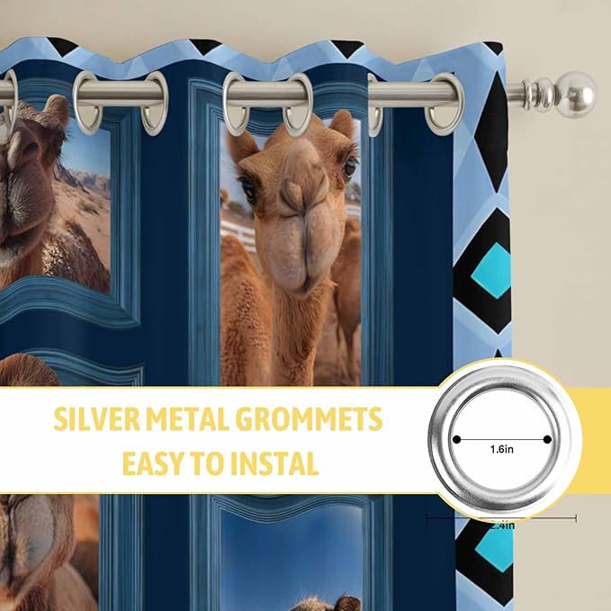 2 Panel Kitchen Cafe Curtains, Desert Camels Sunlight Filtering Nature Air Through, Home Decor Window Covering Tier Curtains for Living Room 104W x 90L inch Wildlife Brown Animals Blue Geometric