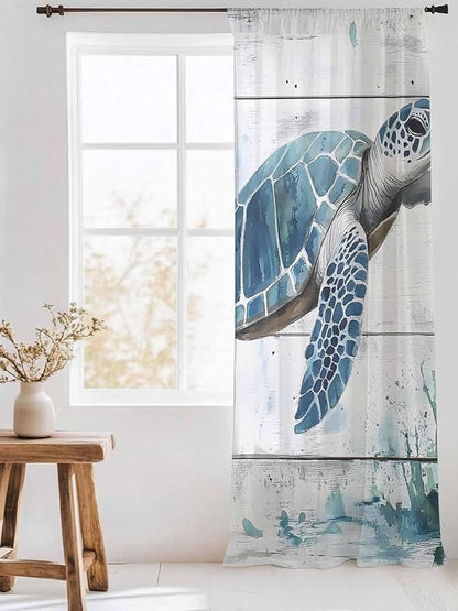 Sheer Curtains 96 Inches Long, Teal Green Sea Turtle Semi Sheer Curtains Light Filtering Window Treatment, Summer Ocean Vintage Wood Grain Privacy Voile Drapes for Living Room Bedroom 52x96 Inch
