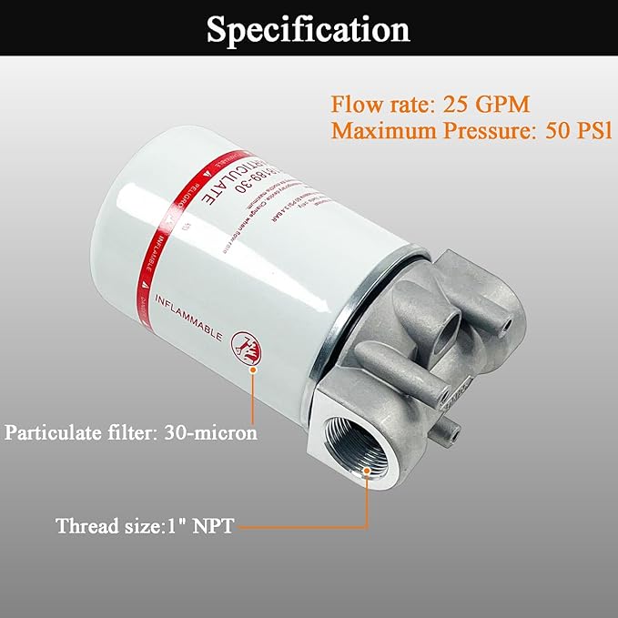 1 Inch NPT Fuel Tank Filter Kit, High Flow Fuel Filter 25 GPM 30 Micron Spin-on Cartridge Style Particulate Filter Compatible With Diesel Transfer Pump