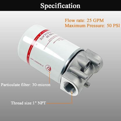 1 Inch NPT Fuel Tank Filter Kit, High Flow Fuel Filter 25 GPM 30 Micron Spin-on Cartridge Style Particulate Filter Compatible With Diesel Transfer Pump