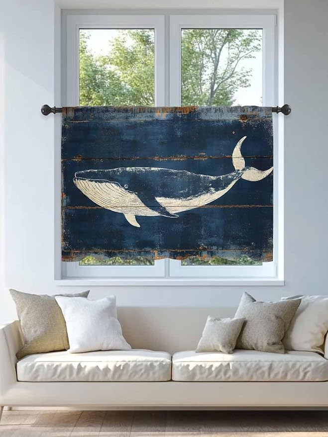 Sheer Curtains 45 Inch Length, Summer Whale Blue Semi Sheer Curtains Light Filtering Window Treatment, Coastal Ocean Vintage Wooden Grain Privacy Voile Drapes for Living Room Bedroom 52x45 Inch