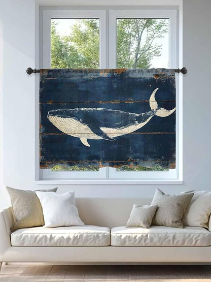 Sheer Curtains 45 Inch Length, Summer Whale Blue Semi Sheer Curtains Light Filtering Window Treatment, Coastal Ocean Vintage Wooden Grain Privacy Voile Drapes for Living Room Bedroom 52x45 Inch