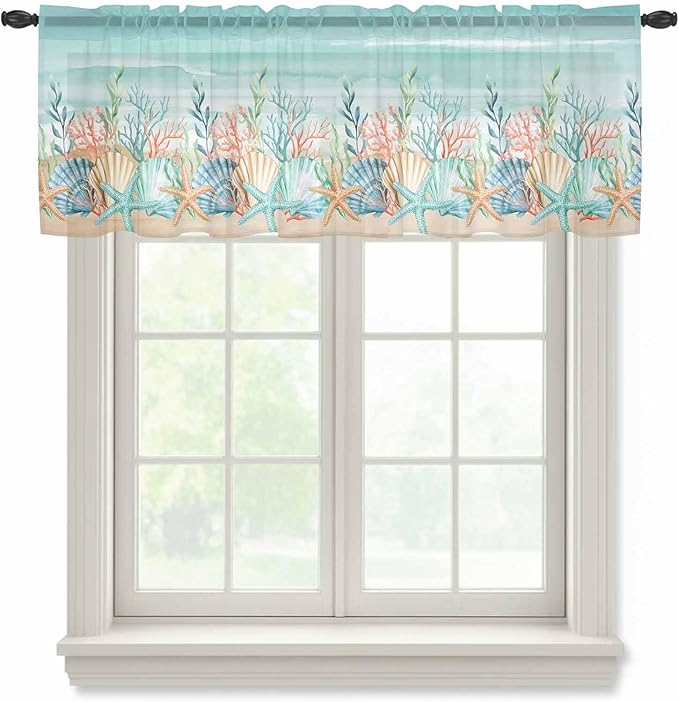 Summer Beach Sheer Valance Curtains, Green Ocean Colorful Coral Shell Seaweed Starfish Sandy Light Filtering Kitchen Valances Rod Pocket Voile Curtain for Bedroom/Living Room/Basement 42Wx18L