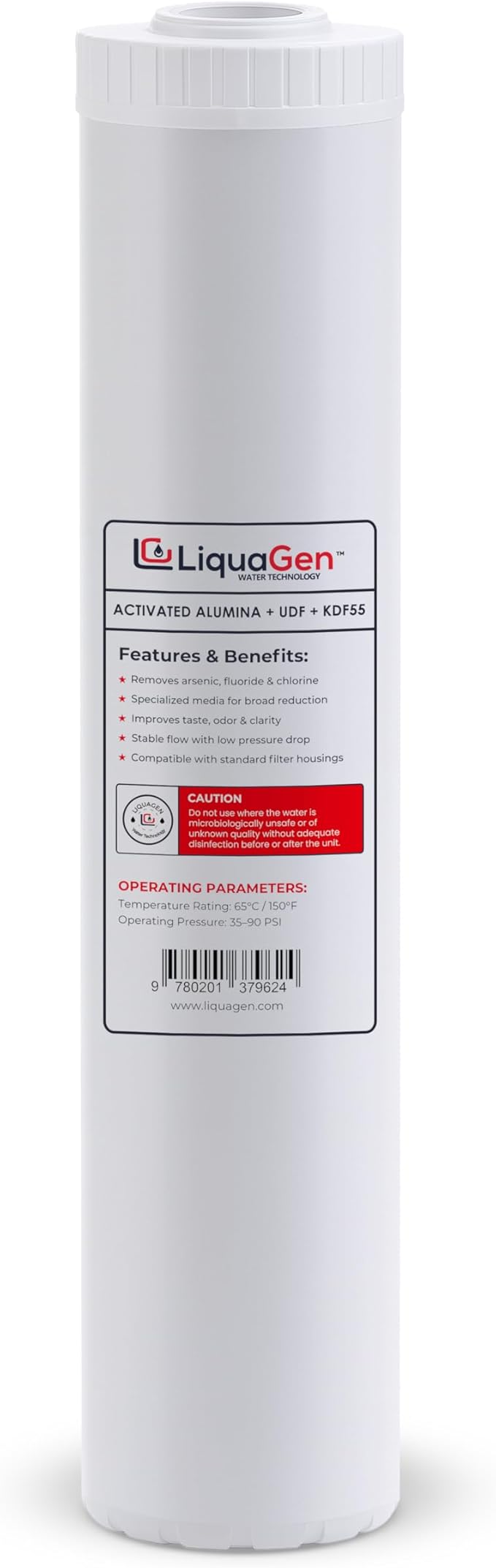 LiquaGen Activated Alumina + Carbon + KDF-55 Replacement Water Filter Cartridge – Helps Manage Fluoride, Chlorine & Taste, Refillable 2.5" x 10", 2.5" x 20", 4.5" x 10", 4.5" x 20" (1, 4.5" x 20")